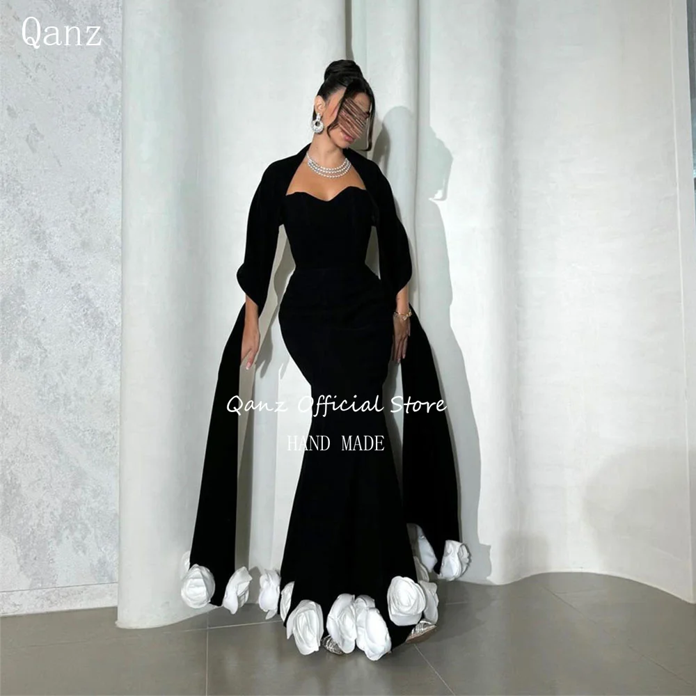 Qanz-Robe de Soirée Noire à Fleurs Faites à la Main, Tenue de Bal Personnalisée pour les Occasions Spéciales