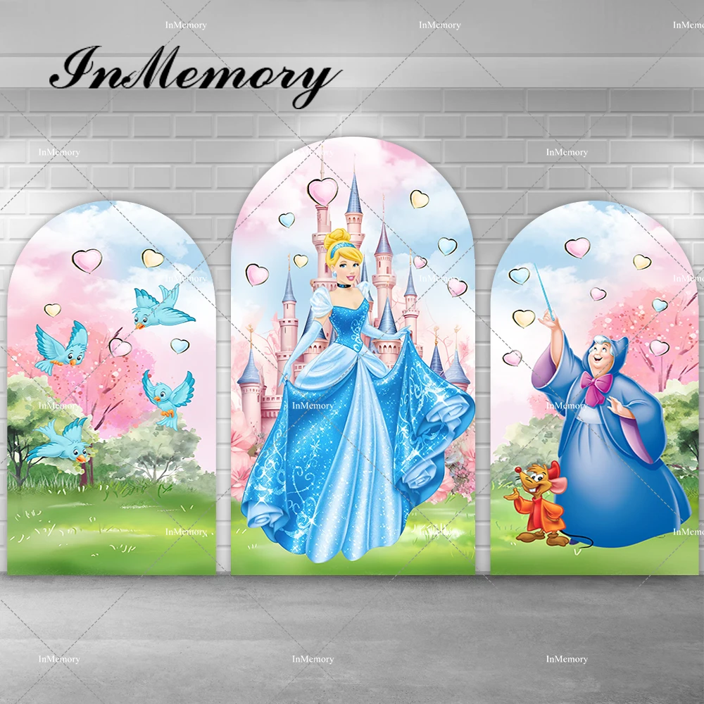 Disney Cinderella Princess Arch Cover Backdrop Blue Dress Blonde Princess Photography Background Girls Birthday Plinth Covers