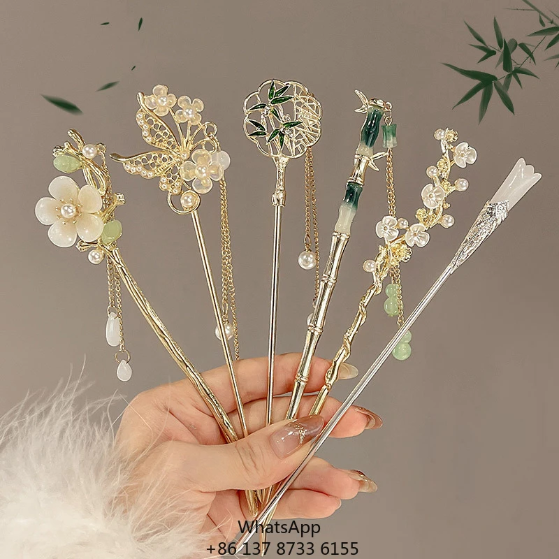 

Hot Ancient Style Chinese Hair Pin Sweet Cheongsam Bun Hairpin Headdress Flower Tassel New Chinese Hair Pins For Women Girls