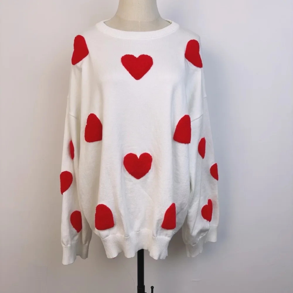 2024 Women Oversized Love Heart O Neck Knit Sweater Lady Thickened Fashion  Long-Sleeved Pullover Sweaters