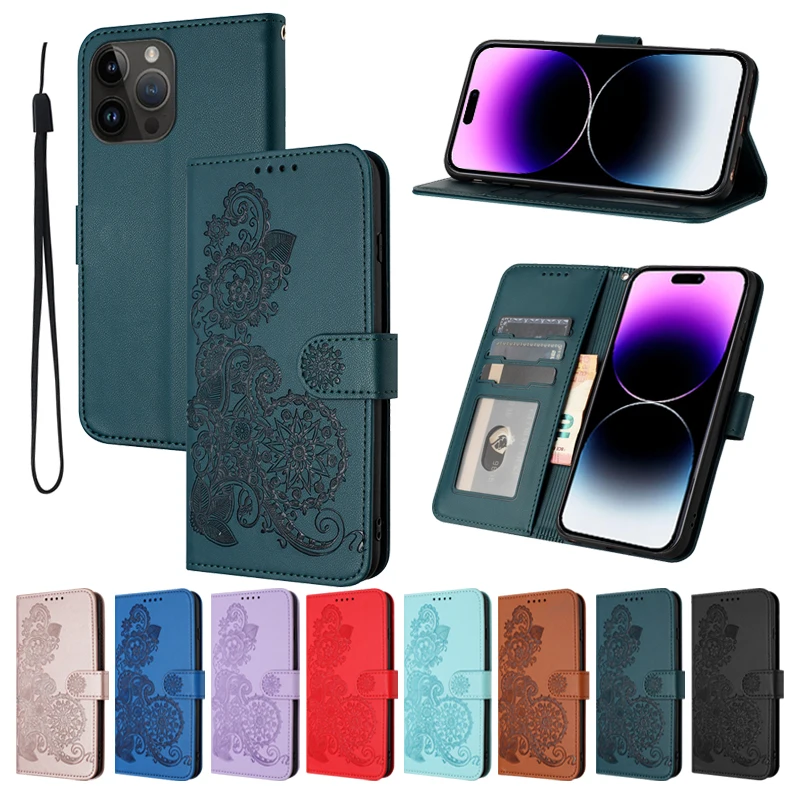 

iPhone Case For 15 Pro Max 14 Plus 14 Pro 13 Pro Max 13 Mini 12 Pro 11 X XS XR 8 7 6 6s Plus Wallet Datura Embossed Leather Case