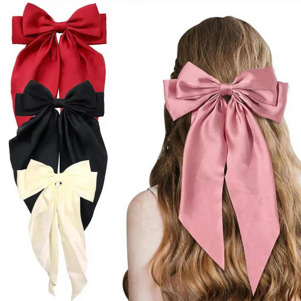 3 Pcs Women Hair Barrette Double-layeded Bow Satin Retro Large Size Solid Color Anti-slip Hair Ponytail Decoration Clip Hair Acc