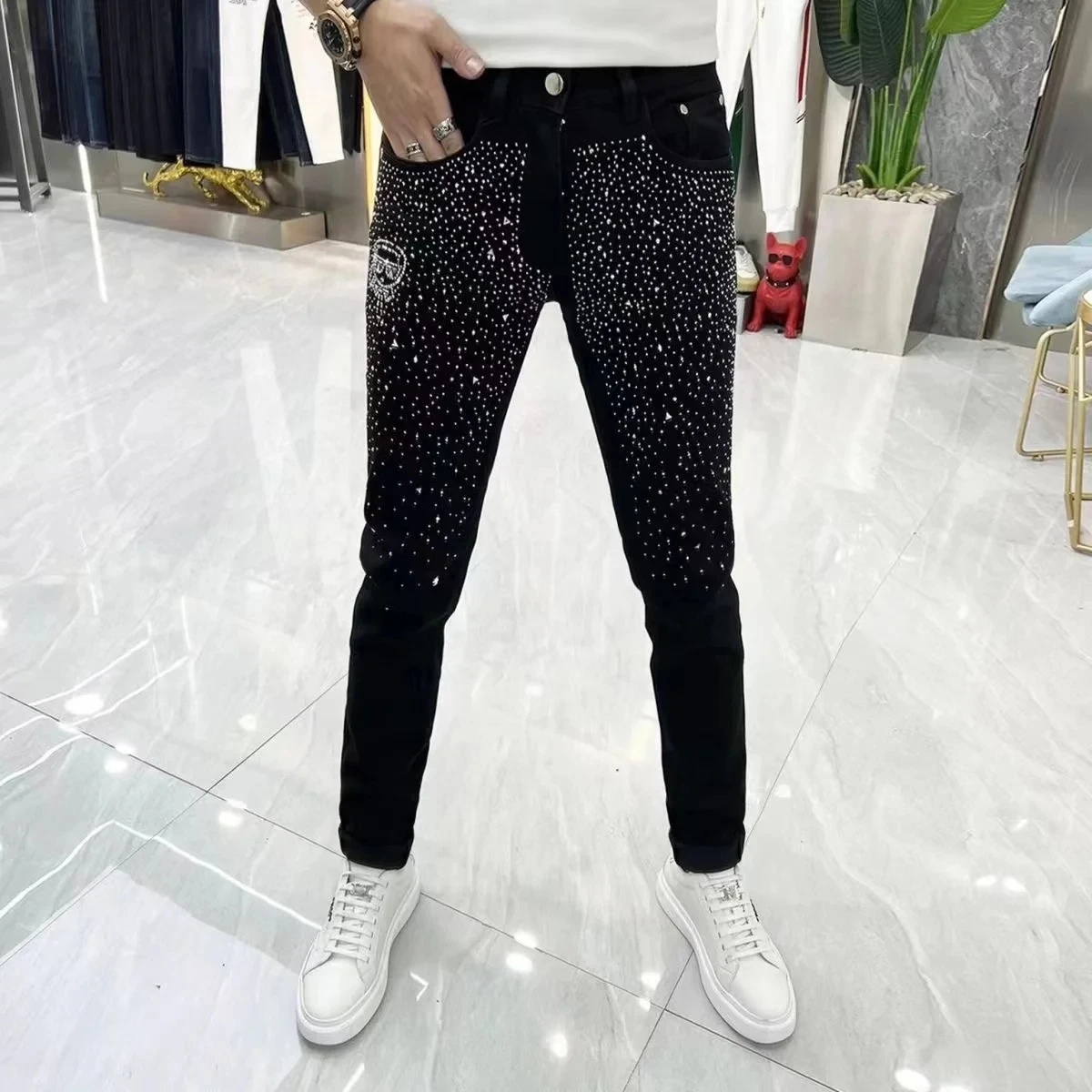 Men's Luxury Jeans Rhinestone Design Male Pencil Pants Popular Trend Handsome Trousers Man Clothing Chic Hip-hop Black Jeans