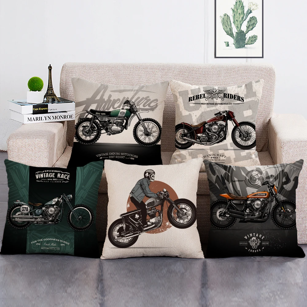 Vintage Motorcycle Print Cushion Cover Beige 45x45cm Throw Pillow Case for Home Decor Pillow Case