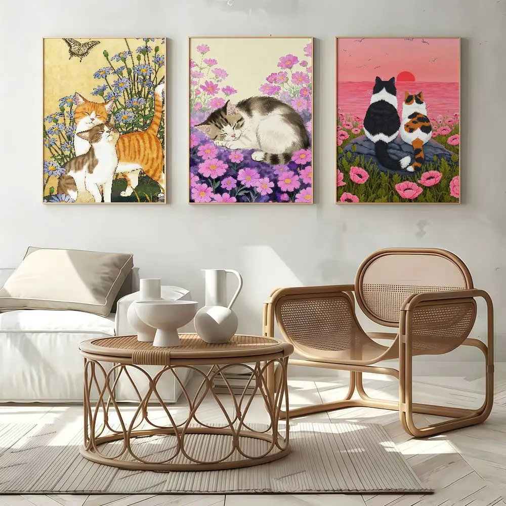 Fashion Cute Kitten Kawaii Cat Flower Poster Self-adhesive Art Waterproof Paper Sticker Coffee House Bar Room Wall Decor