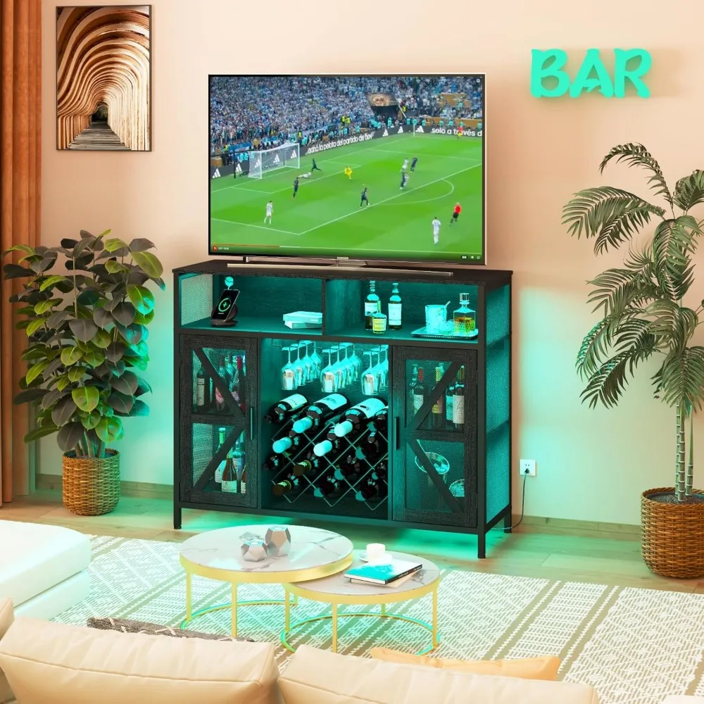 XXL LED Wine Cabinet Home Bar Cabinets with Power Outlets, Coffee Bar Cabinet Liquor Cabinet for Glasses