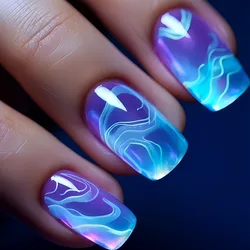 24 Pcs Nail Presson Aesthetic Ocean Blue Glued Fake Press on Nails Medium Square Ready-made Artificial Self-adhesive False Nails