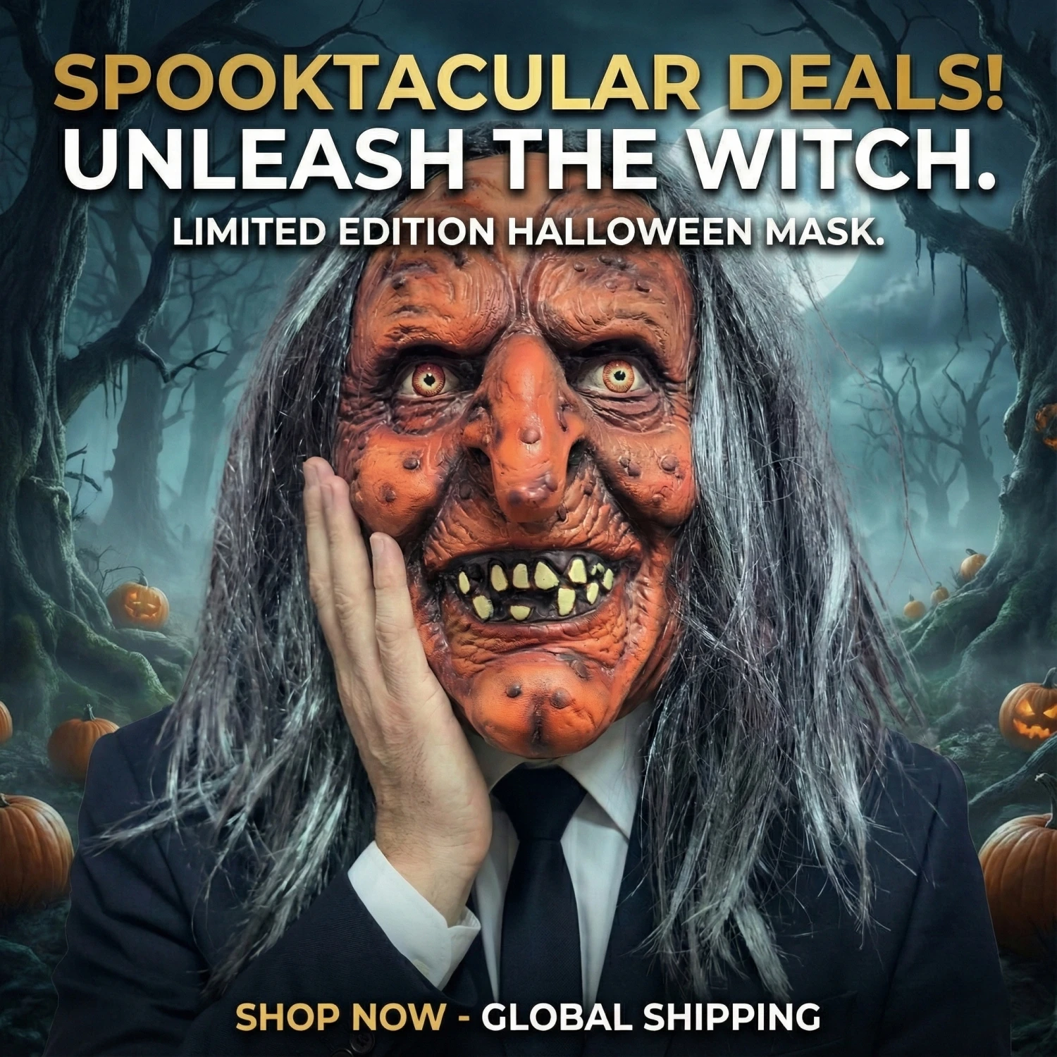 Realistic Creepy Witch Mask Latex Old Lady Hag Headgear Halloween Horror Party Cosplay Costume Prop - view 2