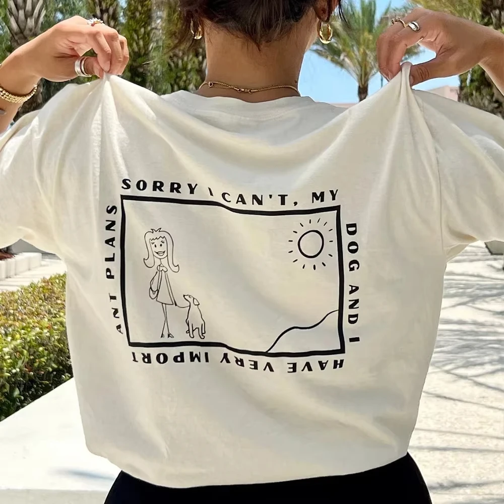 

My Dog and I Funny Cartoon Printing Cute T Shirts Women Short Sleeve Loose Cotton White Summer Shirts Vintage Dog Mom Tees