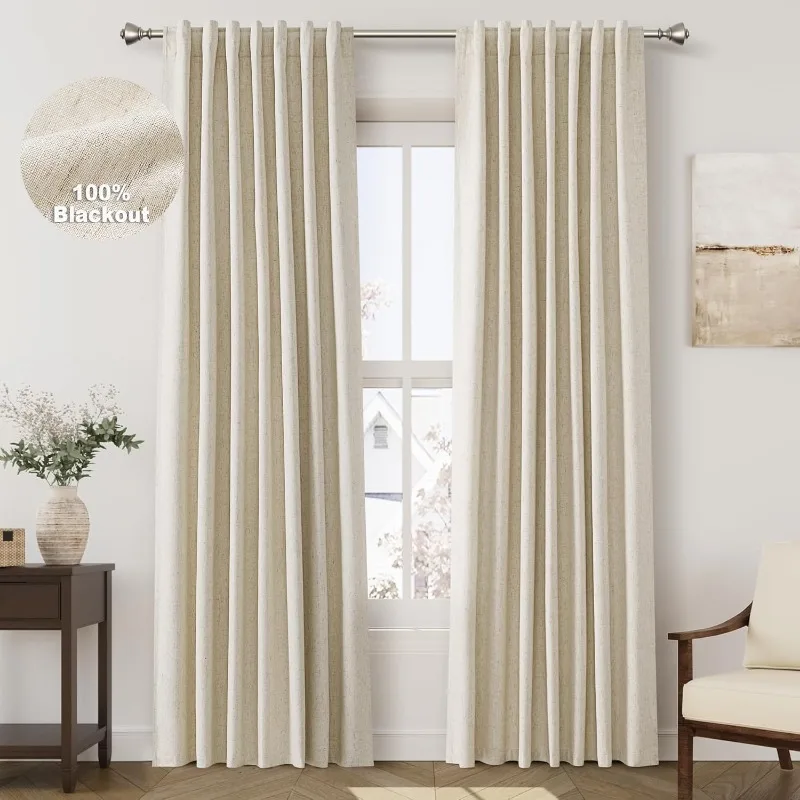 

Tan Beige Linen Blackout Curtains 84 Inches Long Back Tab Burlap Flax Bedroom Blackout Curtains 2 Panel Sets Rustic