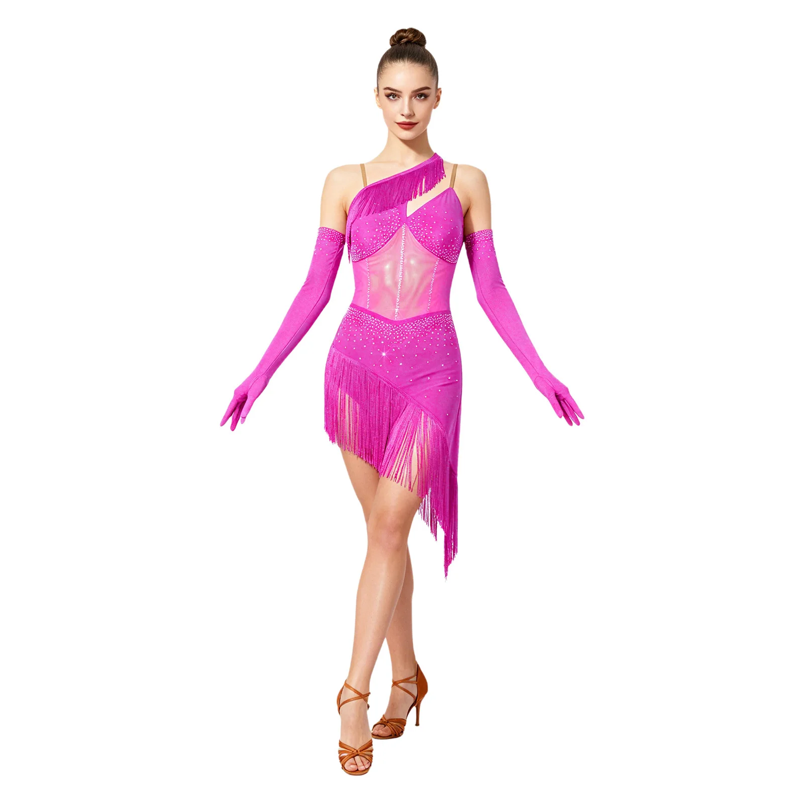 Damen Latin Samba Cha Cha Tanzkleid mit Strass-Mesh-Fransen, Asymmetrischem Rock und Langen Handschuhen, Wettbewerbs- und Aufführungskostüm – Detail 8