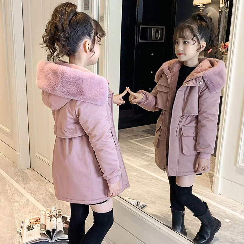 الفتيات الشتاء الدافئة أفخم سترة 5-14Y الرباط الخصر مقنعين معطف القطن مع الفراء طوق يندبروف معطف ملابس خارجية للأطفال #4
