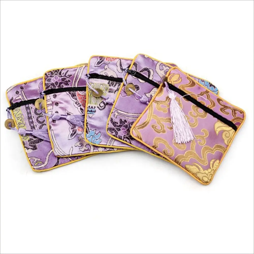 Tassel Mini Embroidery Canvas Coin Purse Copper Cash Pendant Square Flower Jewelry Packing Bag Card Holder Large Capacity
