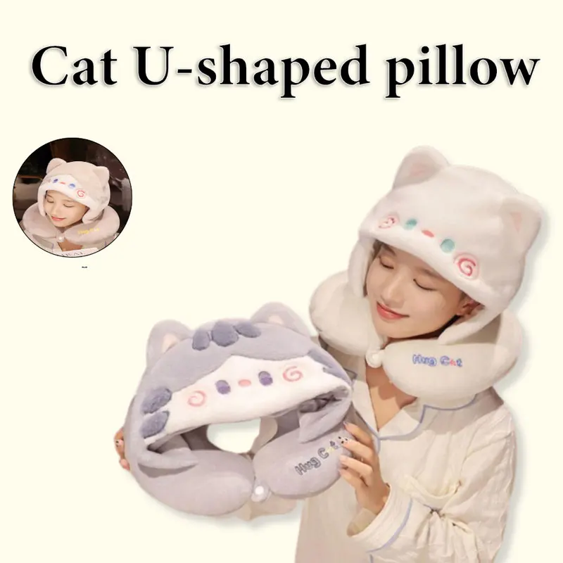 Cat U Shaped Hooded Travel Pillows Airplane Neck Plush Pillow Anime Cartoon Pillow Portable Car Head Soft Cushion Cotton Stuffed