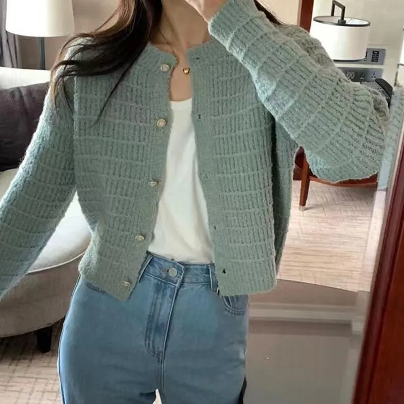 Retro Knitted Round Neck Solid Color Texted Cardigan Autumn Women\'s Button Loose Long Sleeve Sweater Casual All-Match Jacket