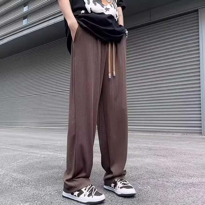 

Повседневные брюки из ледяного шелка с прямыми штанинами, мужские летние свободные длинные брюки, модная дышащая тонкая городская одежда для отдыха