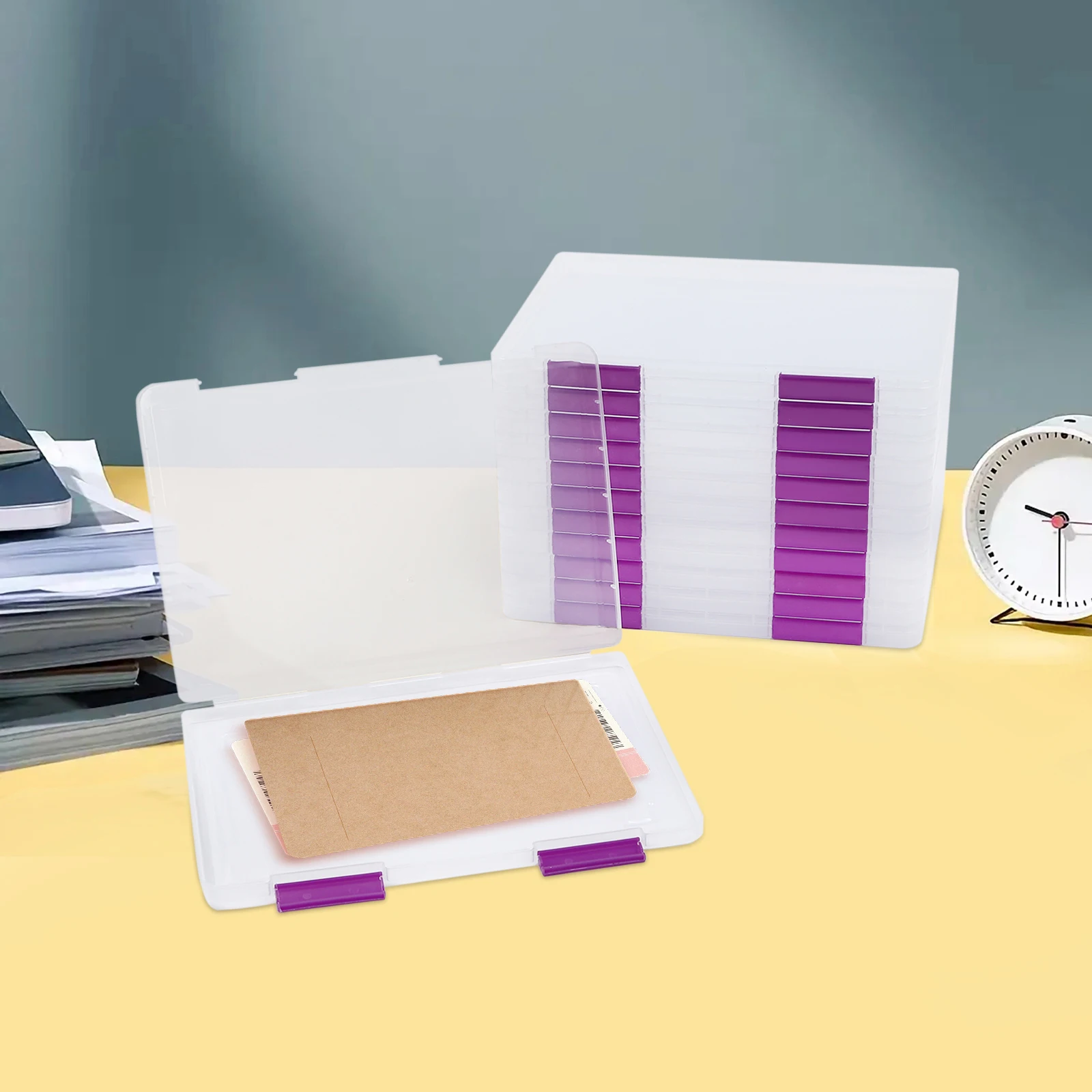 12 قطعة من صناديق تخزين الملفات البلاستيكية الشفافة باللون الأرجواني، منظم المستندات مع إبزيم للإغلاق، صندوق PP مستطيل للوازم المدرسية