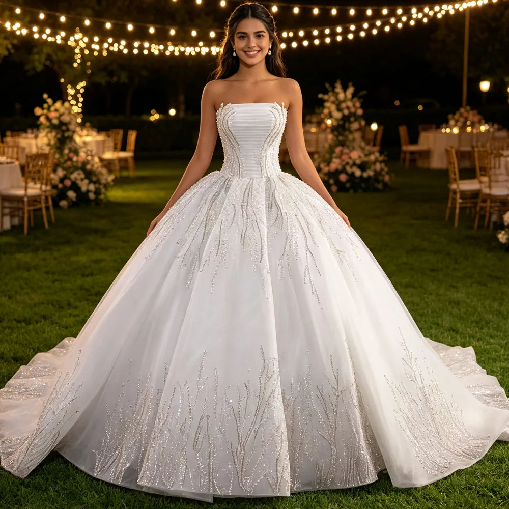 Gorgeous Strapless Sleeveless Lace Up Back Wedding Dress Sequined Beading Customized Ball Gown Bridal Dress