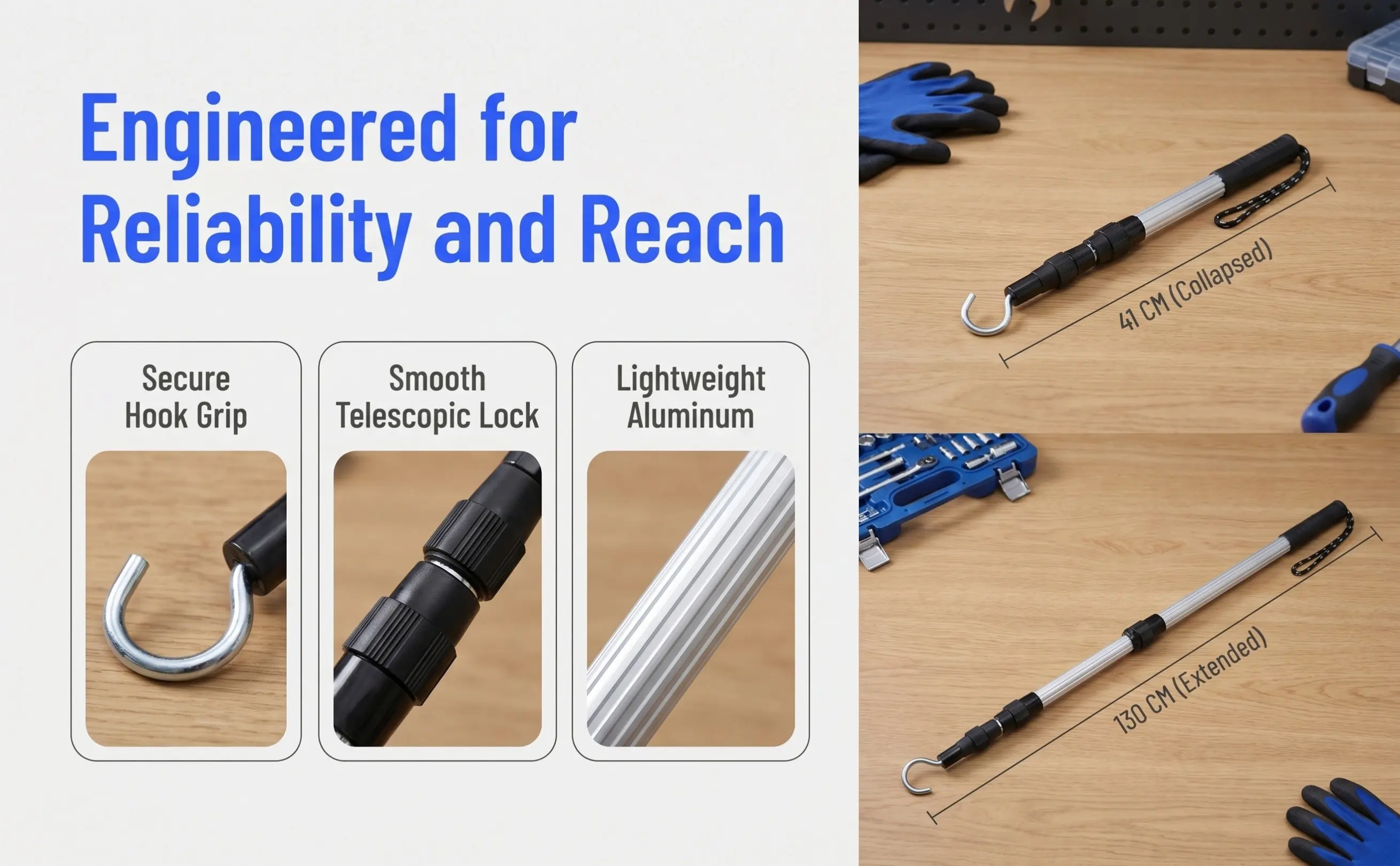 Attic Door Hook Aluminum Alloy Telescopic Pole Secure Locking Catch Pull Down Rod for Loft Ladder Rv Awning Use
