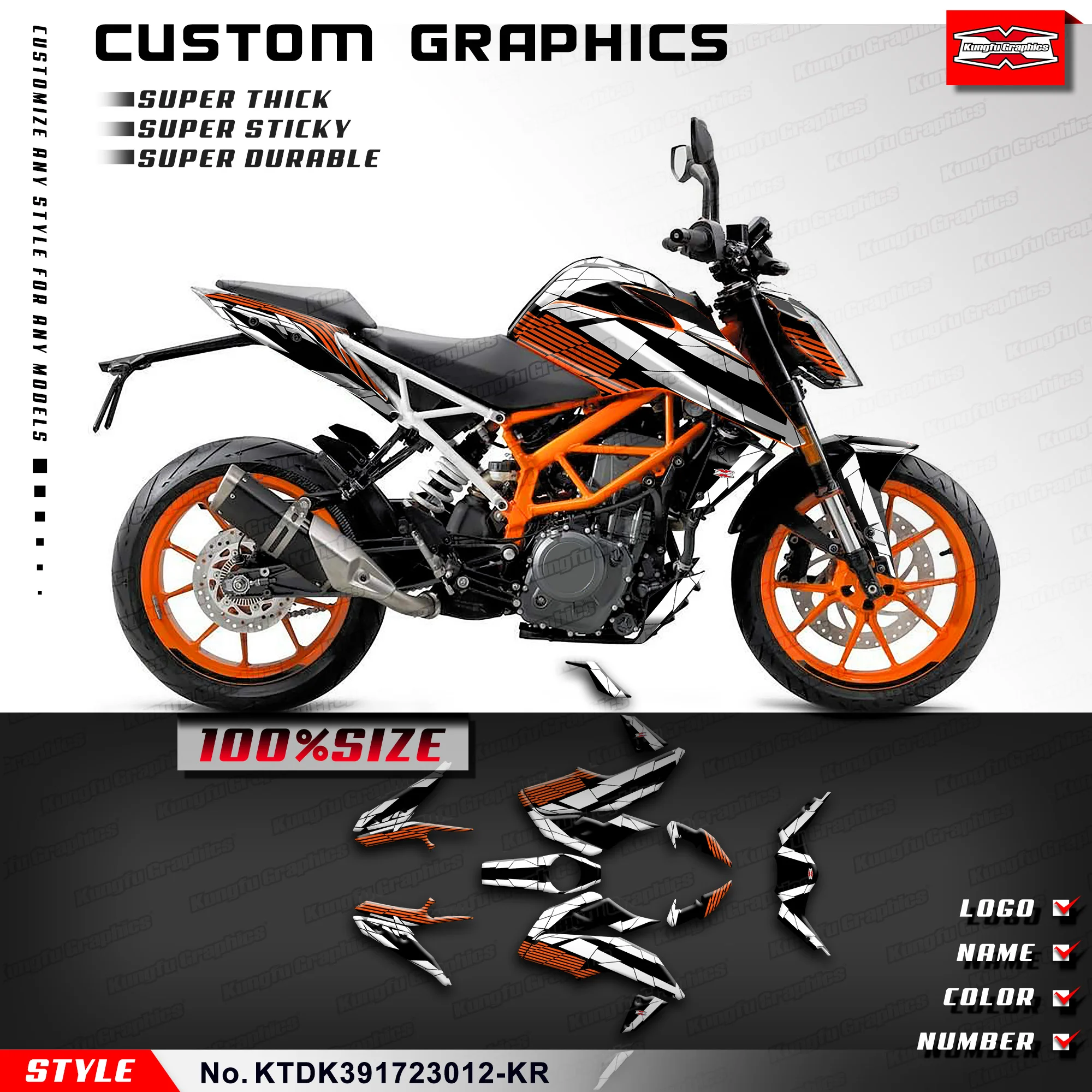 KUNGFU GRAPHICS Personalised Sticker Decal Kit for Duke 125 200 250 390 2017 2018 2019 2020 2021 2022 2023, KTDK391723012-KR