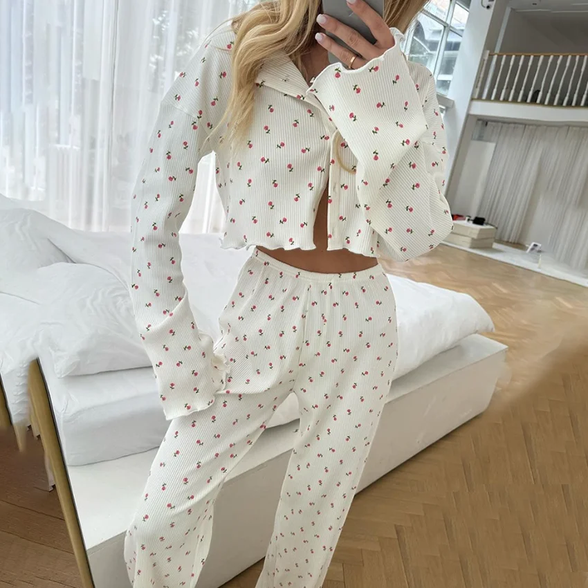 

HiLoc Knitted Casual Ribbed Print Pants Sets Pajamas Spring Loose O Neck Tops With High Waist Trousers 2 Piece Sleepwears Women