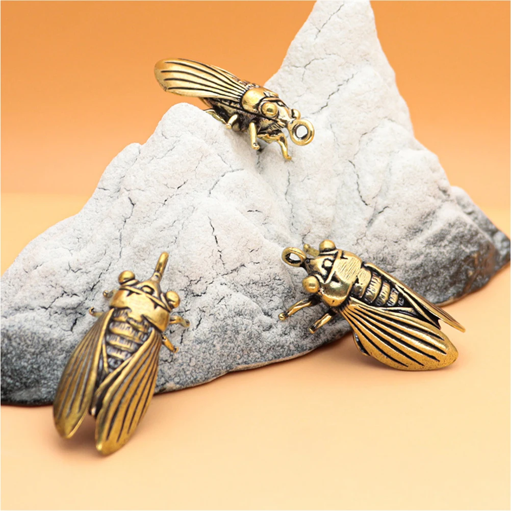 

3Pcs Vintage Brass Cicada Sculpture Desktop Ornament Retro Small Animal Statue Home Office Tabletop Brass Decor