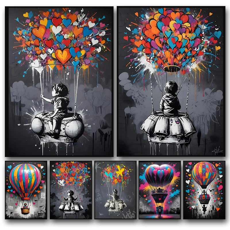Balloon Child Graffiti Art Canvas Painting Abstract Street Art Wall Poster Print Love Artwork Picture Boy and Girl Home Decor