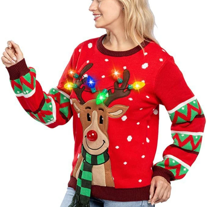 Sweater Women Christmas Deer Knitted Long Sleeve Round Neck Ladies Jumper Winter Autumn Pullover With LED Lamp