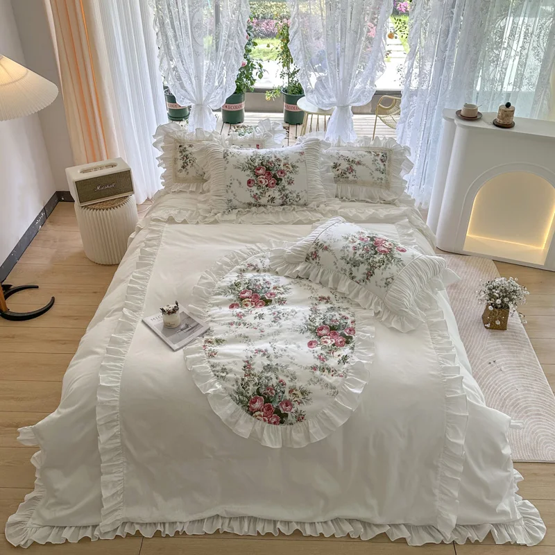 

100% Cotton Korean Princess Style Flowers Lace Ruffles Bedding Set Duvet Cover Set Bed Sheet/Fitted Sheet/Bed Skirt Pillowcases