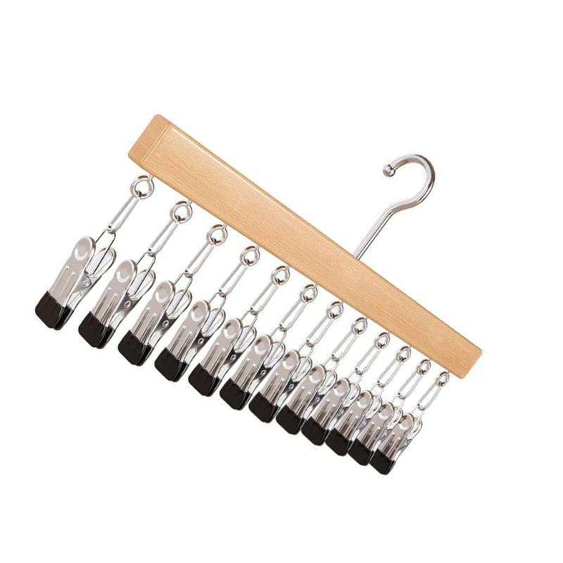 HX6C Multipurpose Wooden Hanger with 12 Clips For Caps Socks Delicate Fabrics Use
