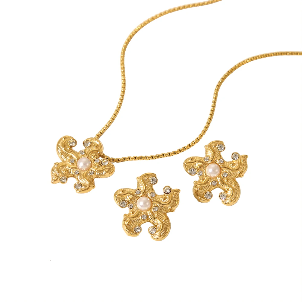

Vintage PVD 16K Gold Plated Stainless Steel Rhinestone Plastic Pearl Starfish Pendant Necklace Studs Earring for Women Gift