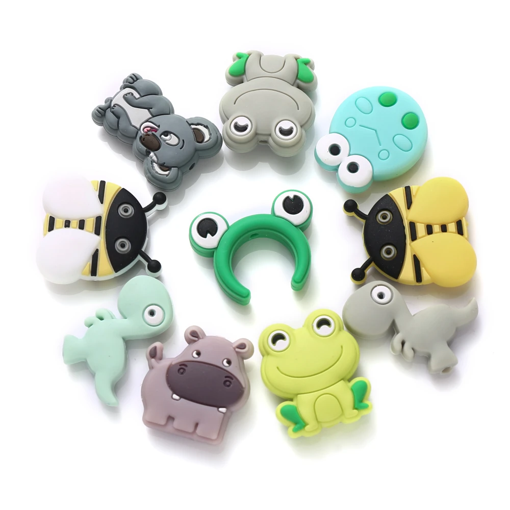 10Pcs Mini Animal Silicone Teether Beads Cartoon Frogs Bee Beads For Jewelry Making DIY Plastic Beaded Pen Keychain Bracelet