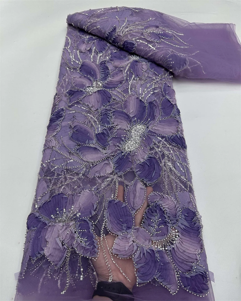 African Handmade Beaded Tulle Lace Fabric French Style Net with Sequins And Pearls for Bridal Party Dresses