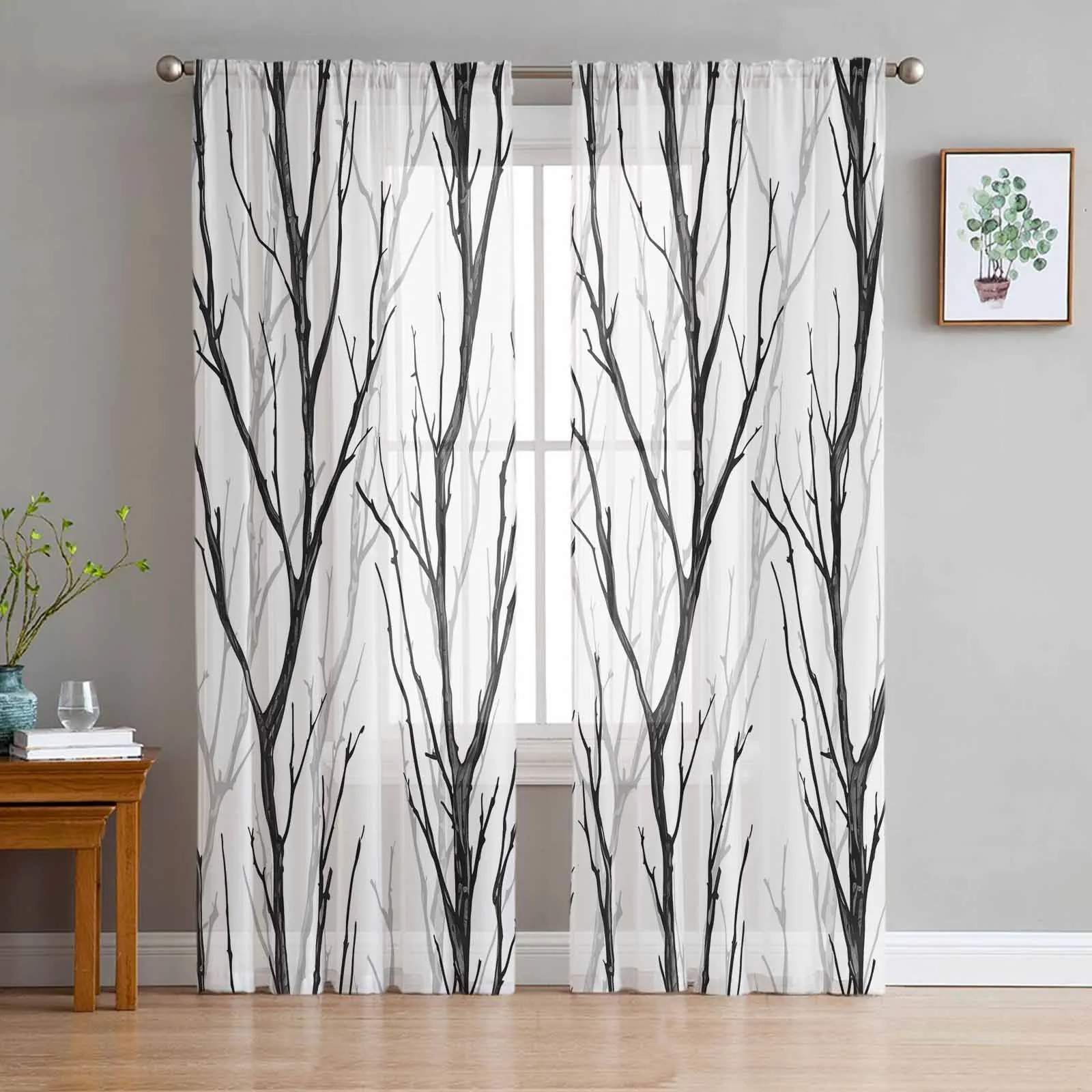 

Abstract Silhouette Branch Bird Animals Tulle Sheer Window Curtains for Living Room Kitchen Bedroom Voile Hanging Curtain