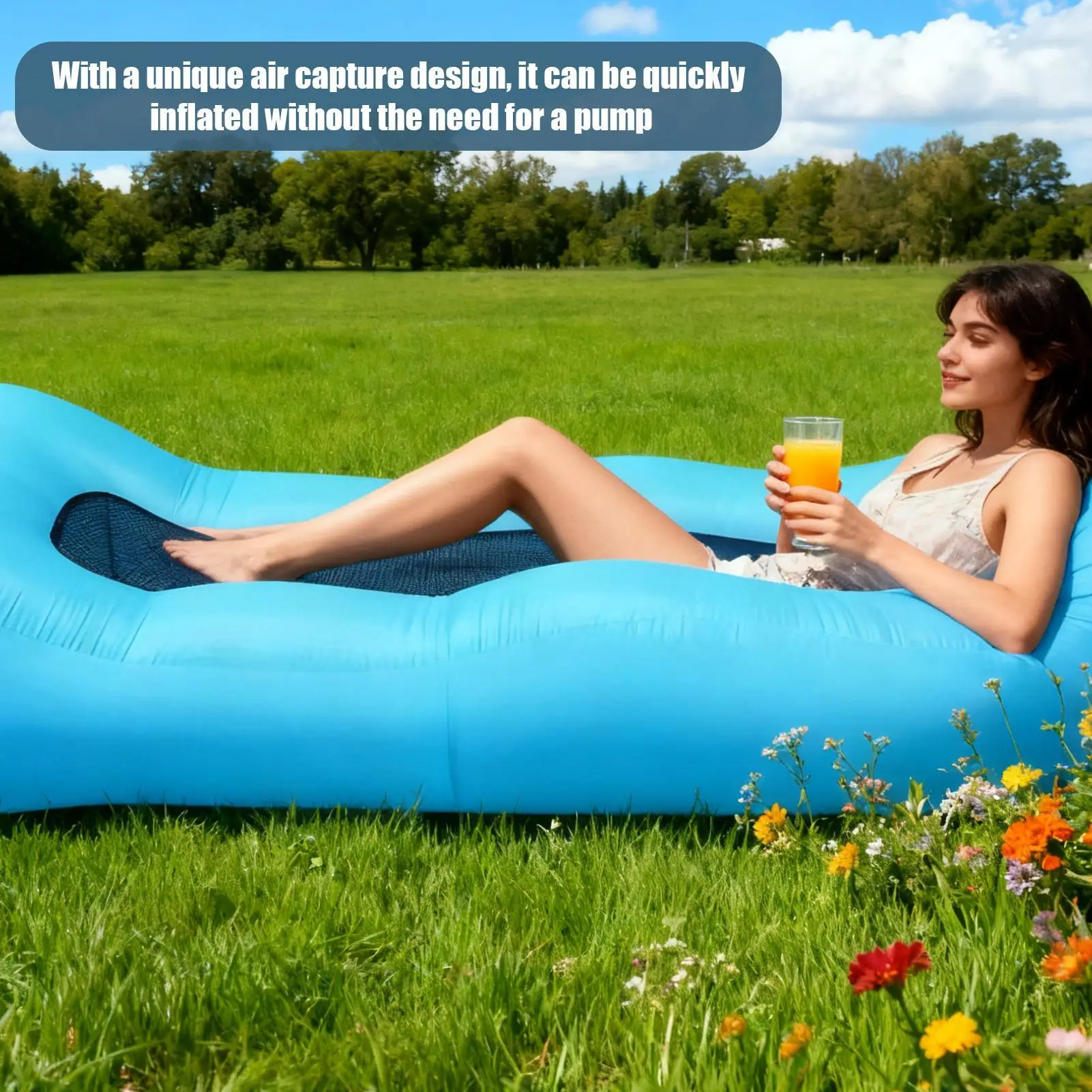 No-Pump Inflatable Sofa Self-Inflating Air Couch Portable Blow Up Lounger for Beach, Camping, Backyard, Indoor Movie Night