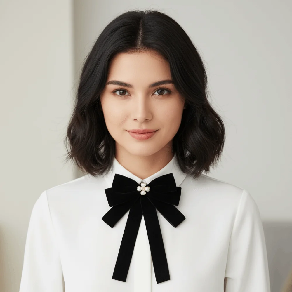 Sweet Velvet Black Ribbon Pin Beads Rhinestones Black Bow Necktie Pearl Multi-layer Ribbon Badge Brooch Men