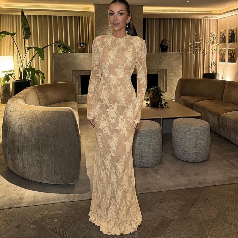 

O-Neck Hollow Women's Prom Dress Sheer High Waist Party Gown Khaki Long Sleeve Sheath Slim Evening Skirt New Design In Stock