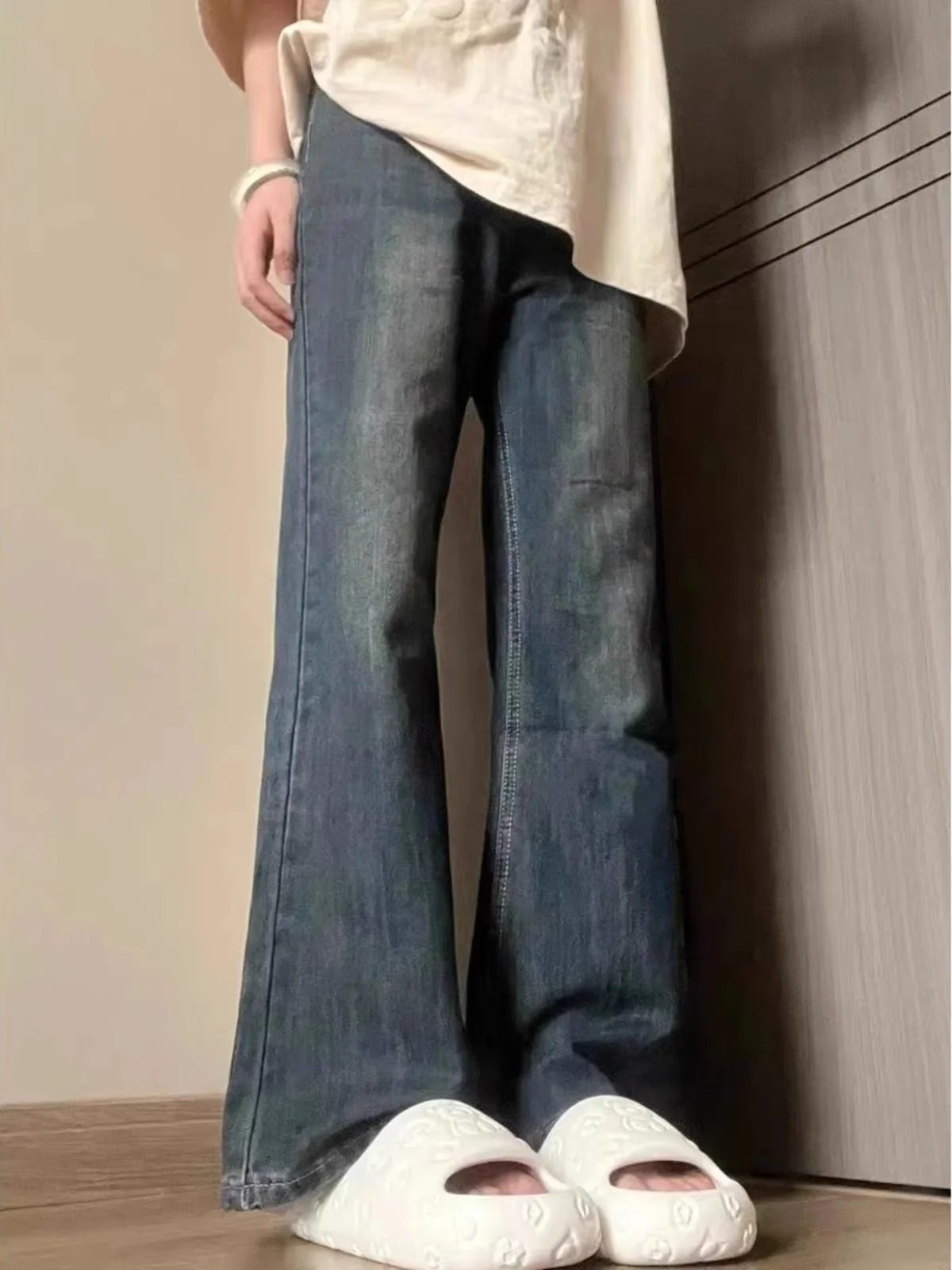 

American Style High Waist Wide Leg Jeans Women's Small Size Pear Shape Hip Covering Slimming Design Loose Micro Flared Pants