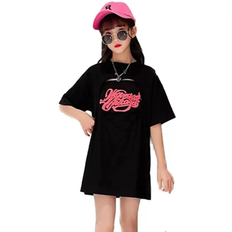 Baby Girls Summer Long T-Shirt Hollow Out Fashion Letter Pattern Tees 4-14 Age Kids Short Sleeve Tops Korean Children's Clothing