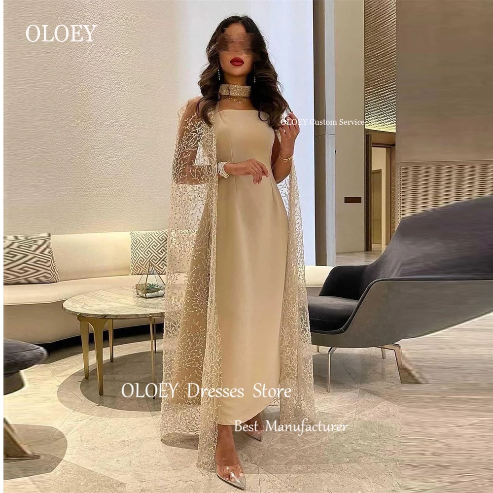 OLOEY Saudi Arabic Women Champagne Evening Dresses Lace Jacket Glitter Long Sleeves Strapless Dubai Maxi Formal Party Prom Gowns