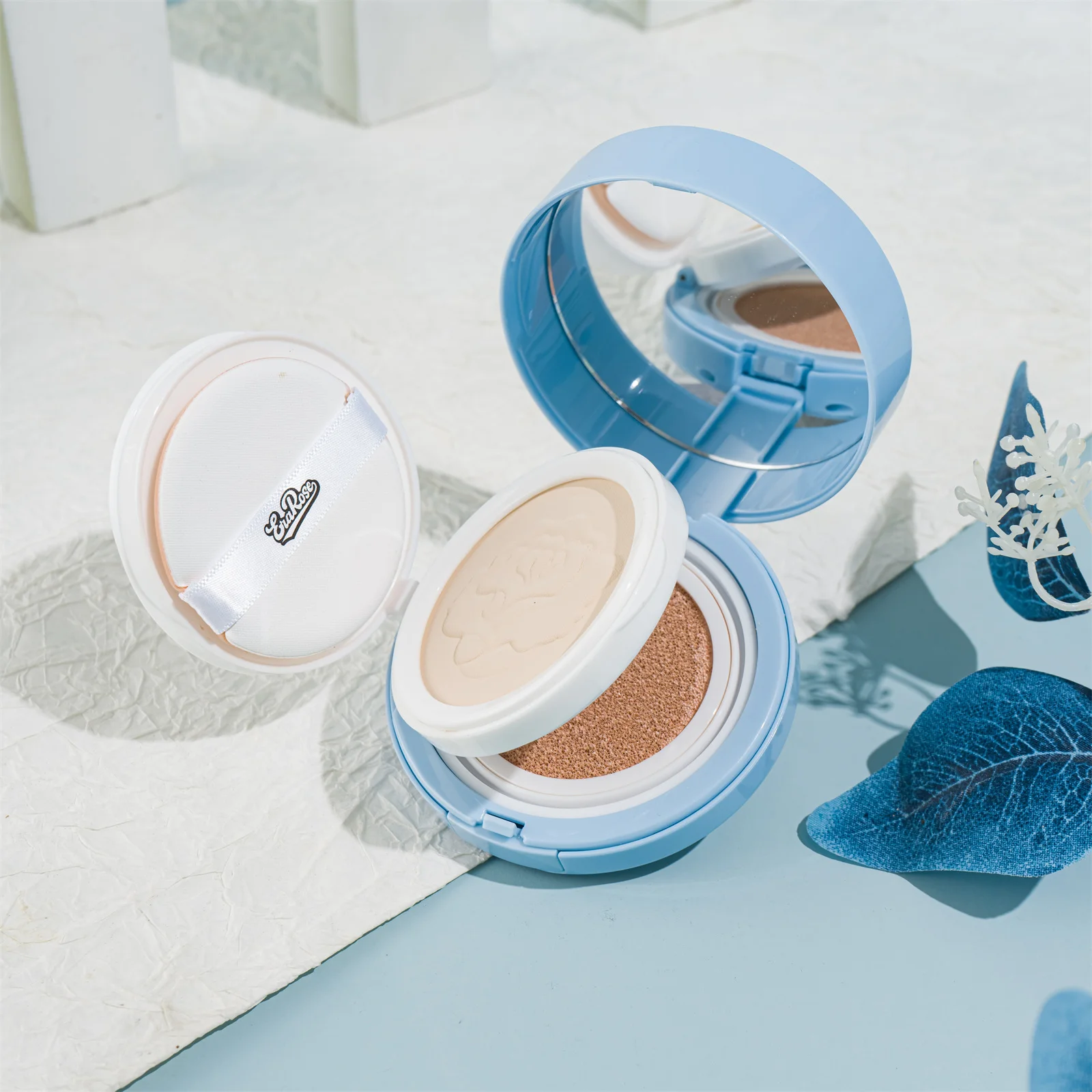 2-in-1 코코넛 에어 쿠션 & 파우더 파운데이션+파우더 방수성 오래 지속되는 페이셜 파우더 메이크업 베이스, 거울 및 소프트 퍼프 포함