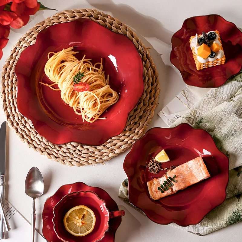 

Набор глазурованной красной посуды, высококачественные миски, тарелки, чашки для свадьбы, дома, керамическая посуда