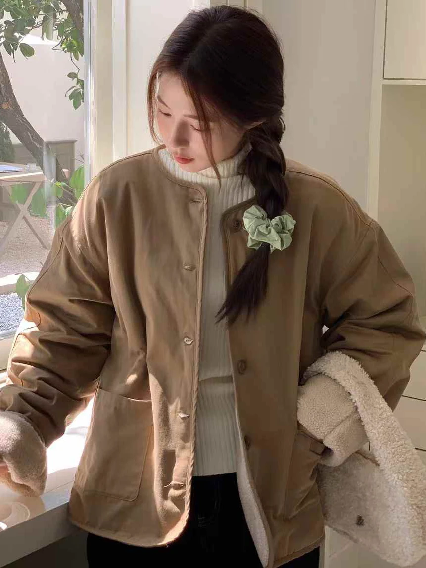 

Korean Sle Winter Cotton Jaet Women's Faionable Age-Defng Design Versatile round Ne Cute Casual Cotton Coat