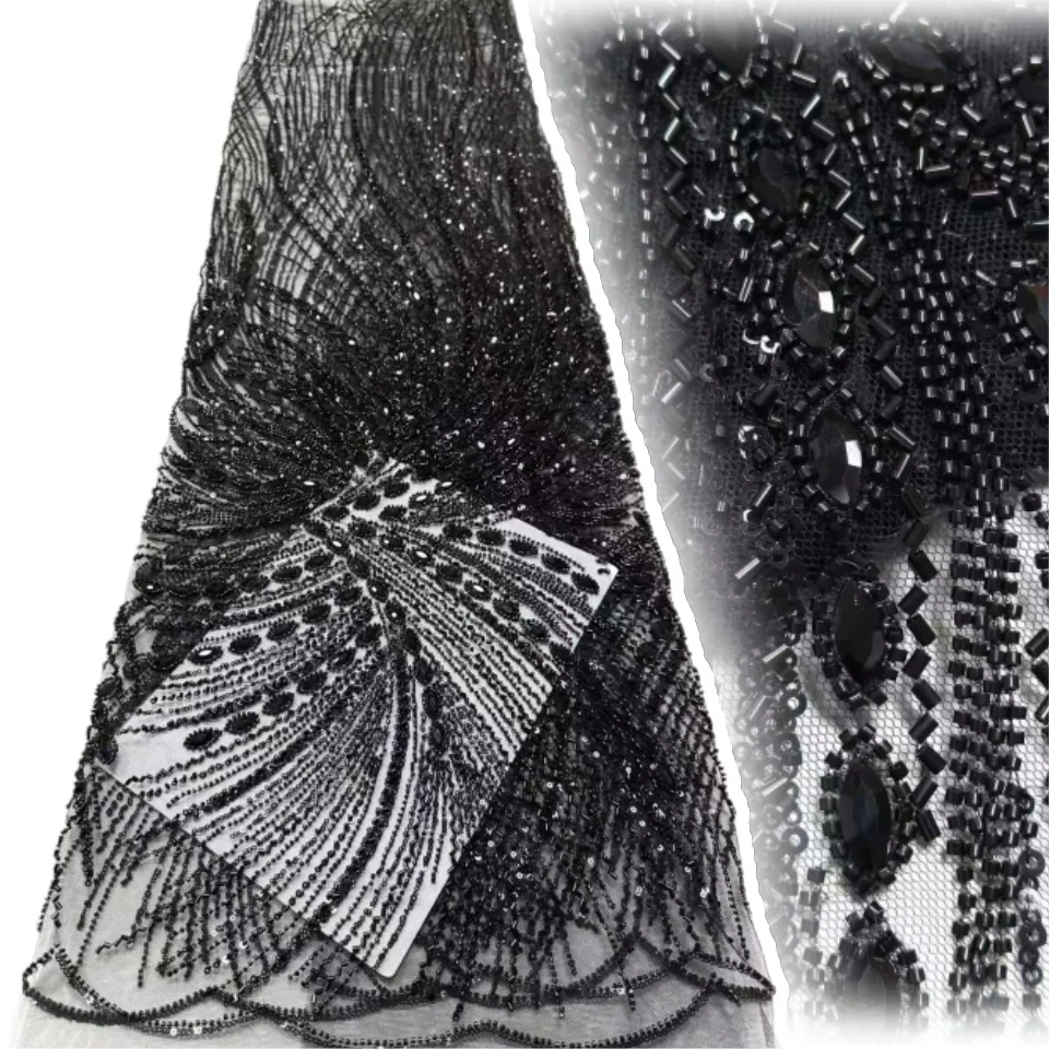 

Luxury African Hand-Beaded Tulle Lace Fabric Premium Nigerian Sequined Lace Fabric Suitable for Party Gown Sewing Material 1909