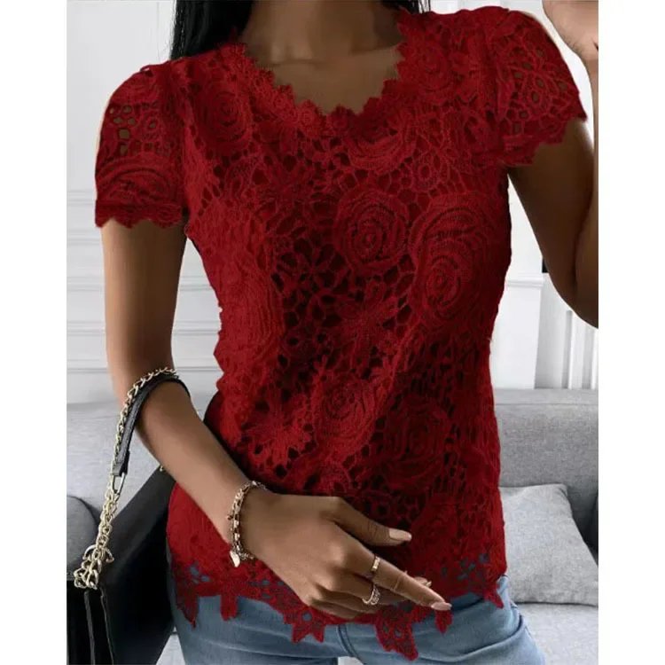 Vintage Lace Blouse Women Shirt Sexy O-Neck Short Sleeve Elegant Fashion Clothes Streetwear Casual Solid Tops White Shirt Summer