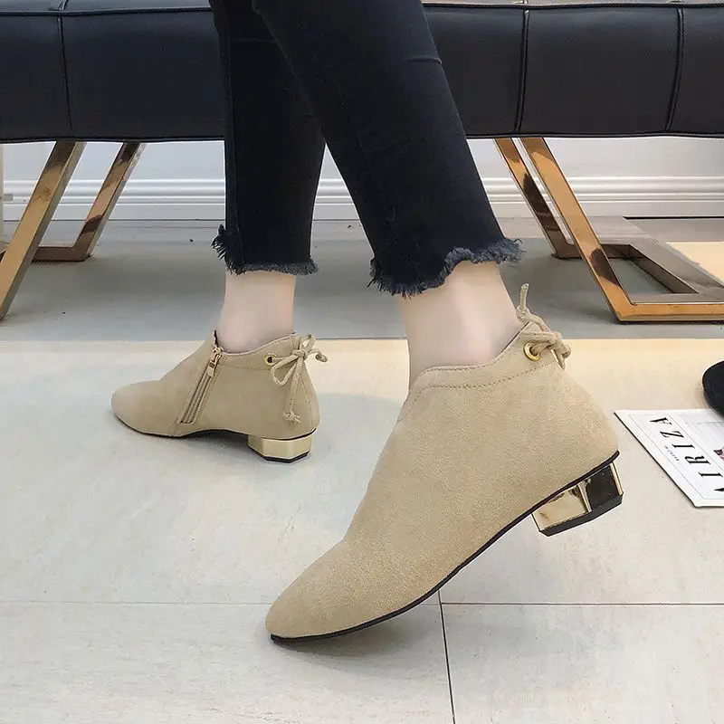 Female Ankle Boots Suede Booties Elegant with Low Heels Black Footwear Pointed Toe Short Shoes for Women New In Comfortable Sale