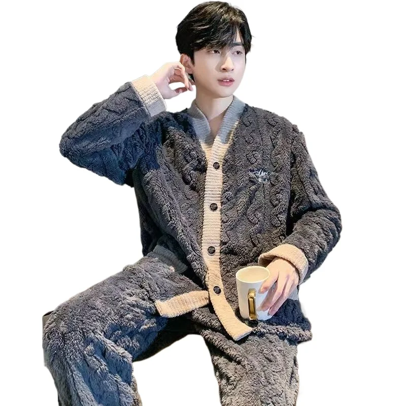 Pijamas de lana de Coral para hombre, modelos de otoño e invierno, gruesos, acolchados, cálidos, Facecloth, talla grande, traje de ropa para el hogar, Invierno