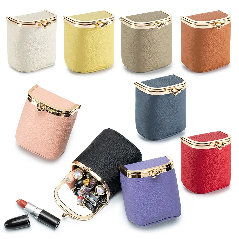 Kiss Lock Purse Genuine Leather for Women Mini Lipstick Holder Pouch Multifunctional Coin Purse Portable Cute Small Storage Bag