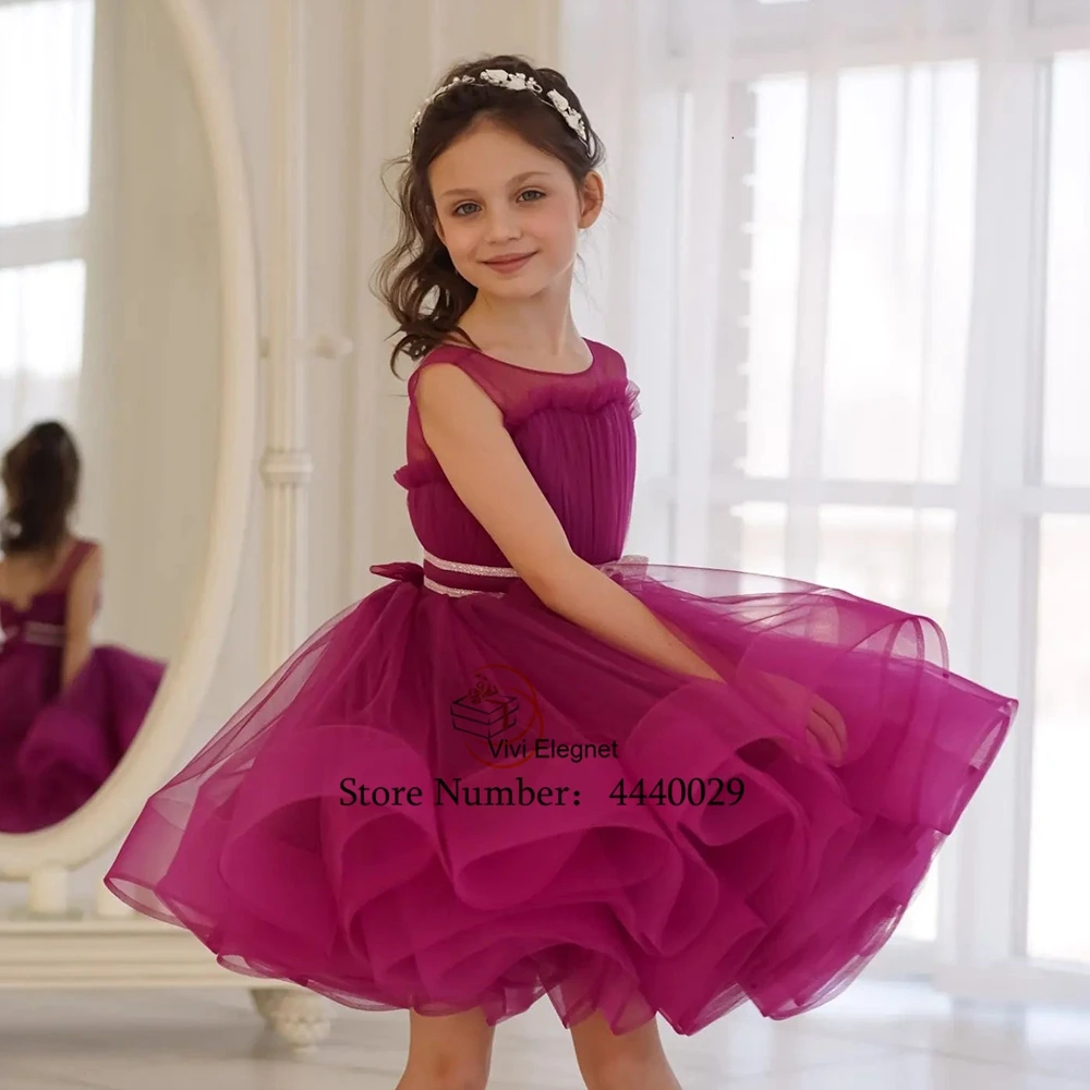 

Scoop Sleeveless Tiered Tutu Girls Pageant Dress Kids Knee Length Organza Christmas Gown with Belt فساتين اطفال للعيد VV980050