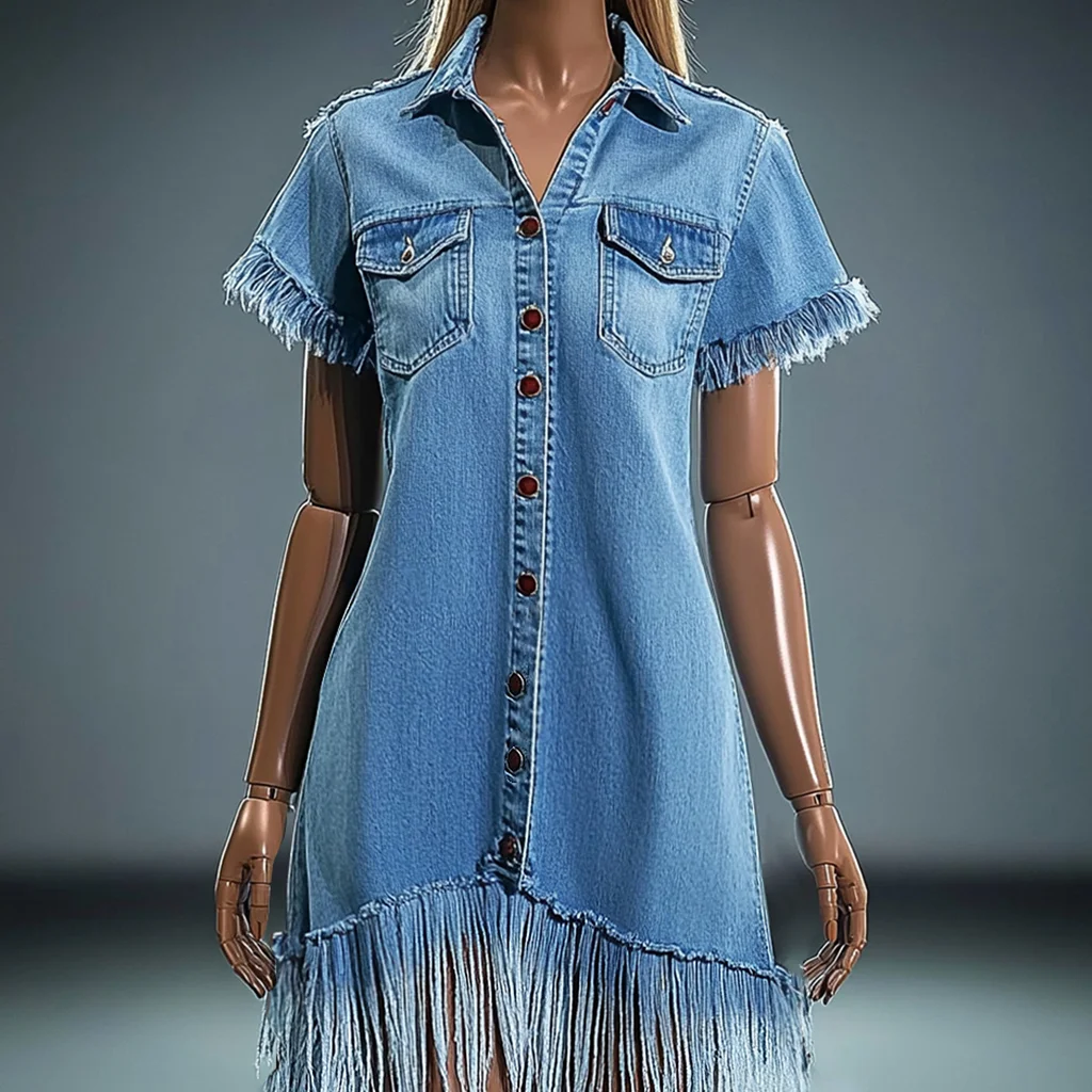 

Summer Short Sleeve Turn Down Collar Jean Dress Women Denim Shirt Dresses Single-breasted Denim Raw Edge Fringed Mini Dresses